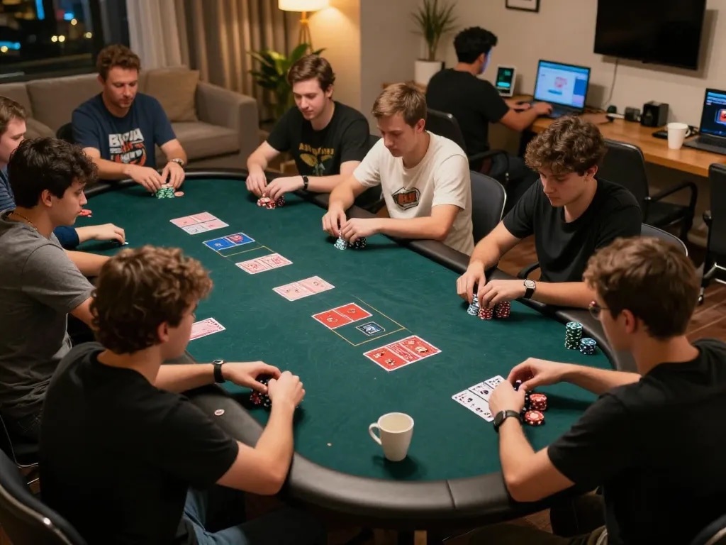 Players enjoying online poker with BK8, showcasing engaging gameplay and warm home atmosphere.