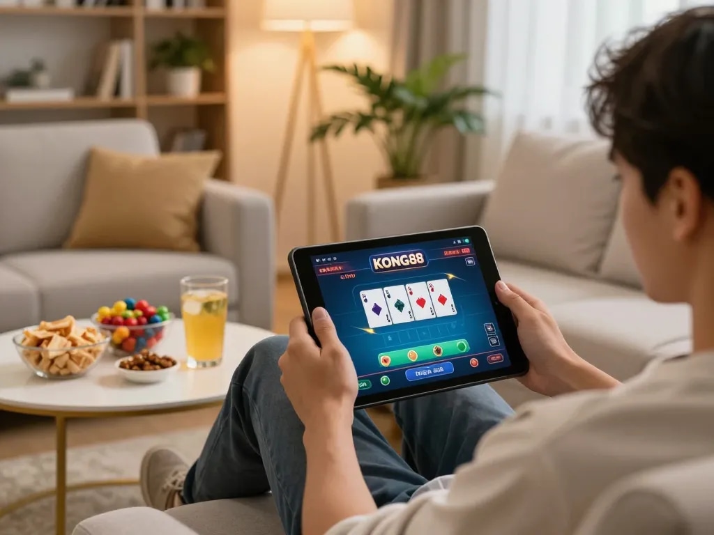 KONG88 player engaging in online casino gaming on tablet in cozy living room.