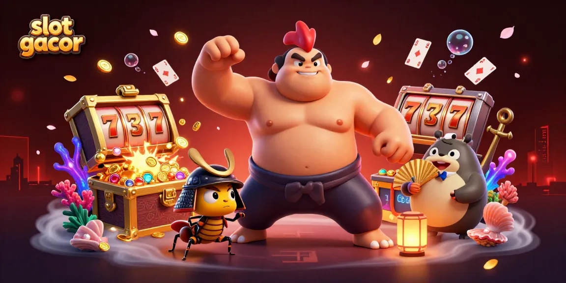 Experience thrilling gaming action with slot gacor featuring an animated rooster sumo wrestler and vibrant casino elements.