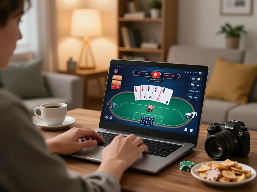 Playing at an online casino Malaysia on a laptop in a cozy living room with a strategic atmosphere