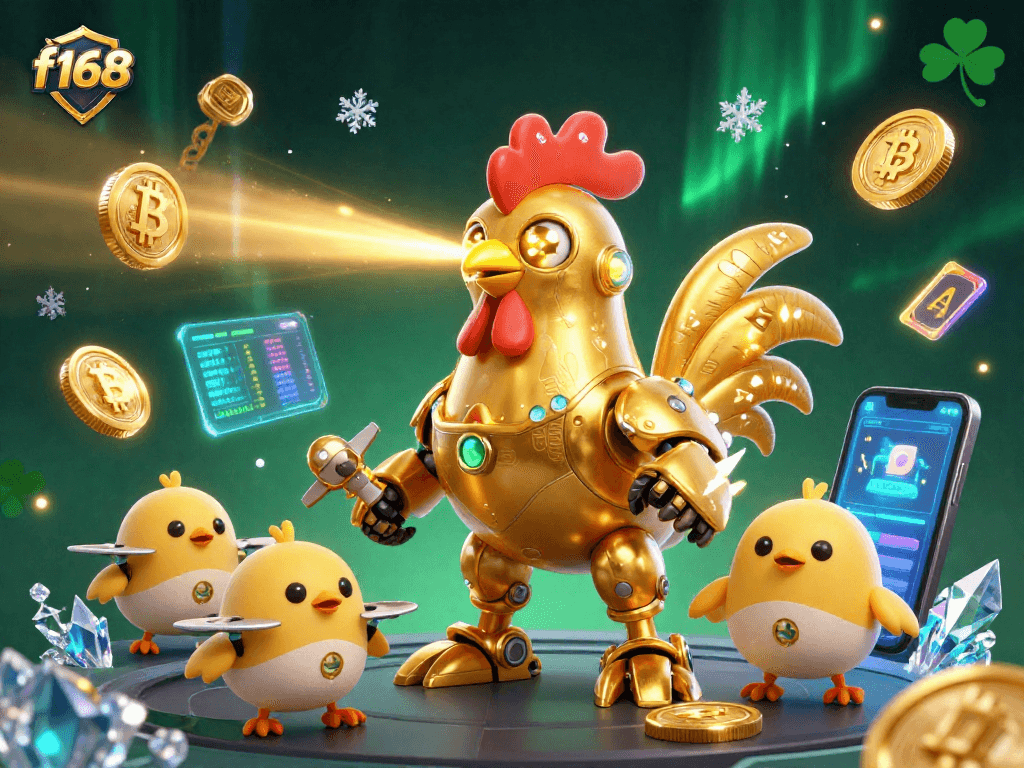 Engage in thrilling gameplay at f168 with golden rooster robot and crypto elements in a dynamic casino scene.