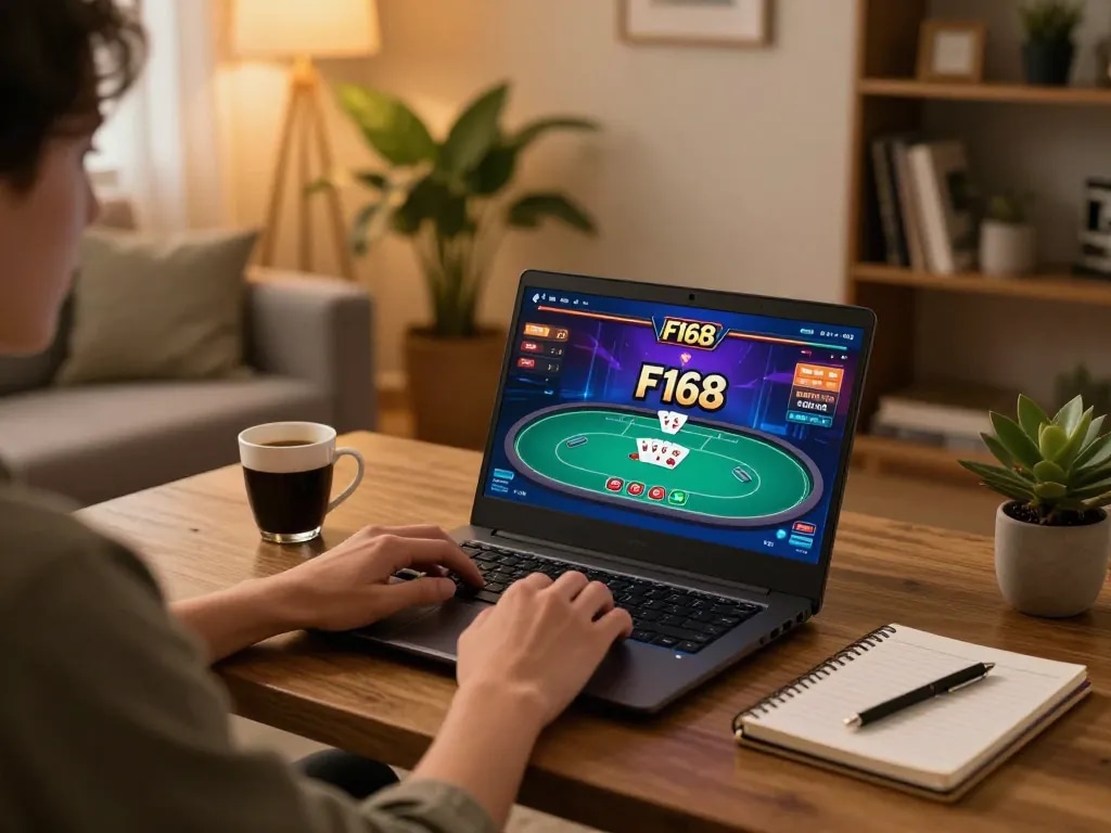 Engaged player using F168 platform for online casino gaming in cozy home setting.