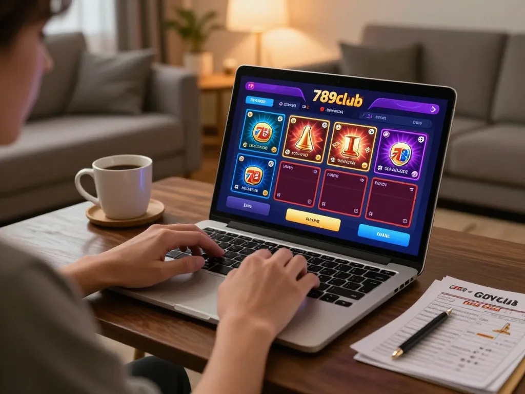 Engaged user navigating 789club online games in a cozy living room.