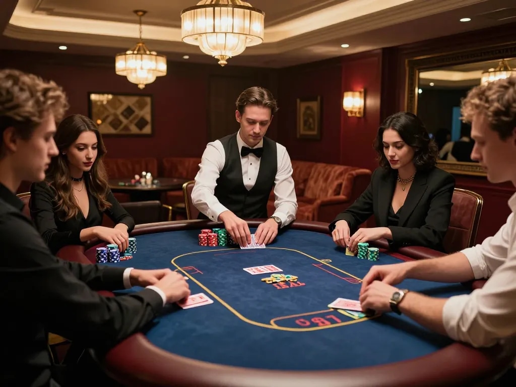 High-stakes poker game at a luxurious VIP table highlighting ok8386 gaming experience with stylish players.