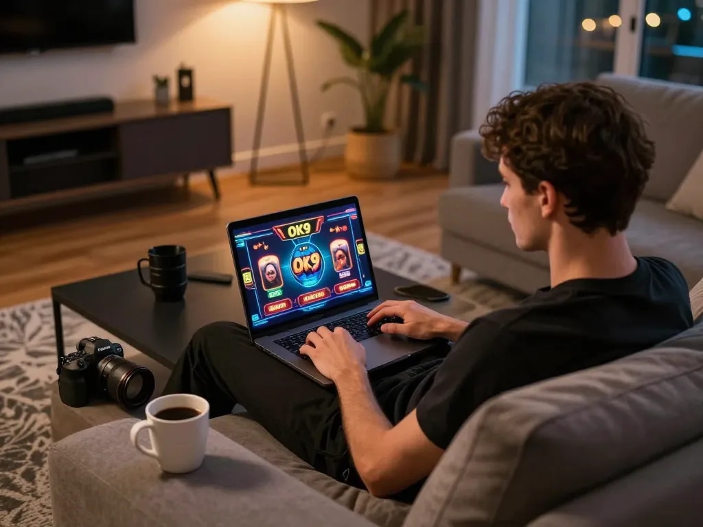 Engaging in strategic gameplay on Ok9's online casino platform from a cozy home setup.