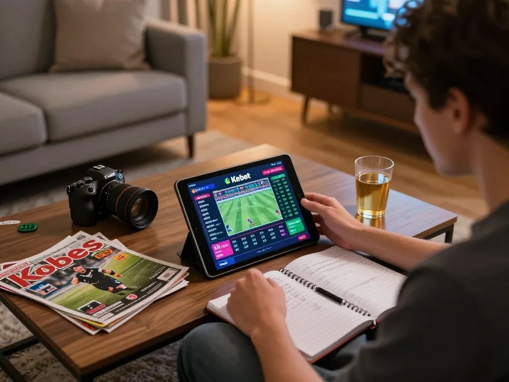 Kebet sports betting action on a tablet in a cozy home setting, highlighting live odds and strategies.