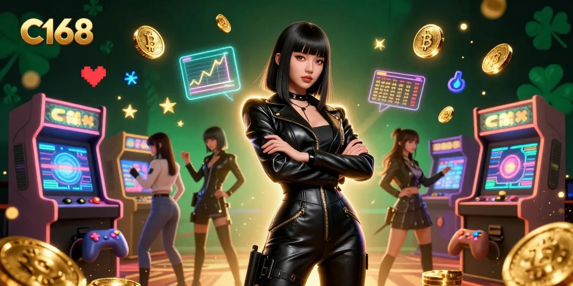 Engage with C168's thrilling casino world as an Asian woman commands attention, surrounded by neon gaming elements.