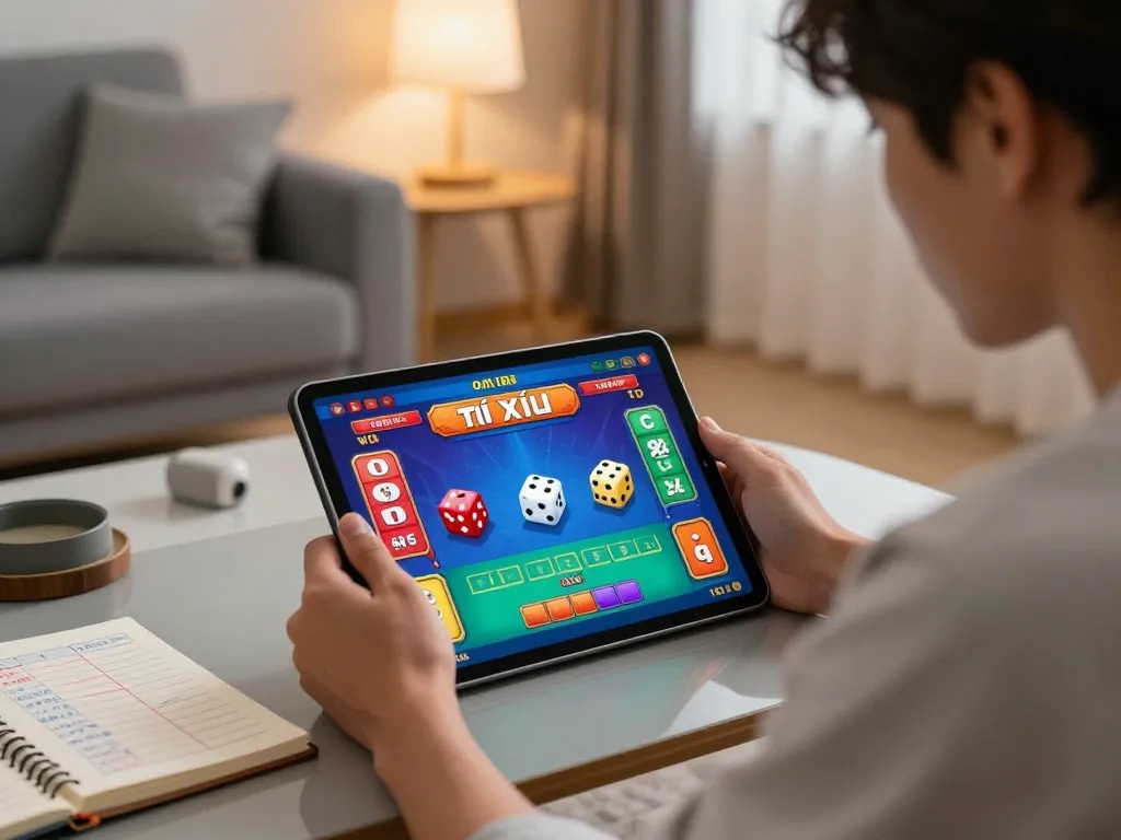 Engaging in an online tài xỉu game with a tablet in a cozy home environment