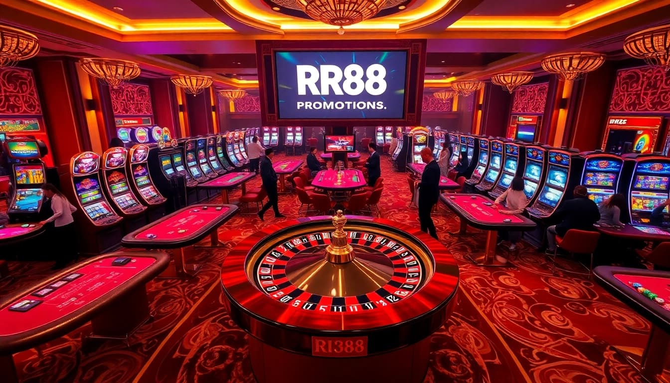 Experience the excitement of RR88 with players engaging at vibrant poker tables and slot machines.