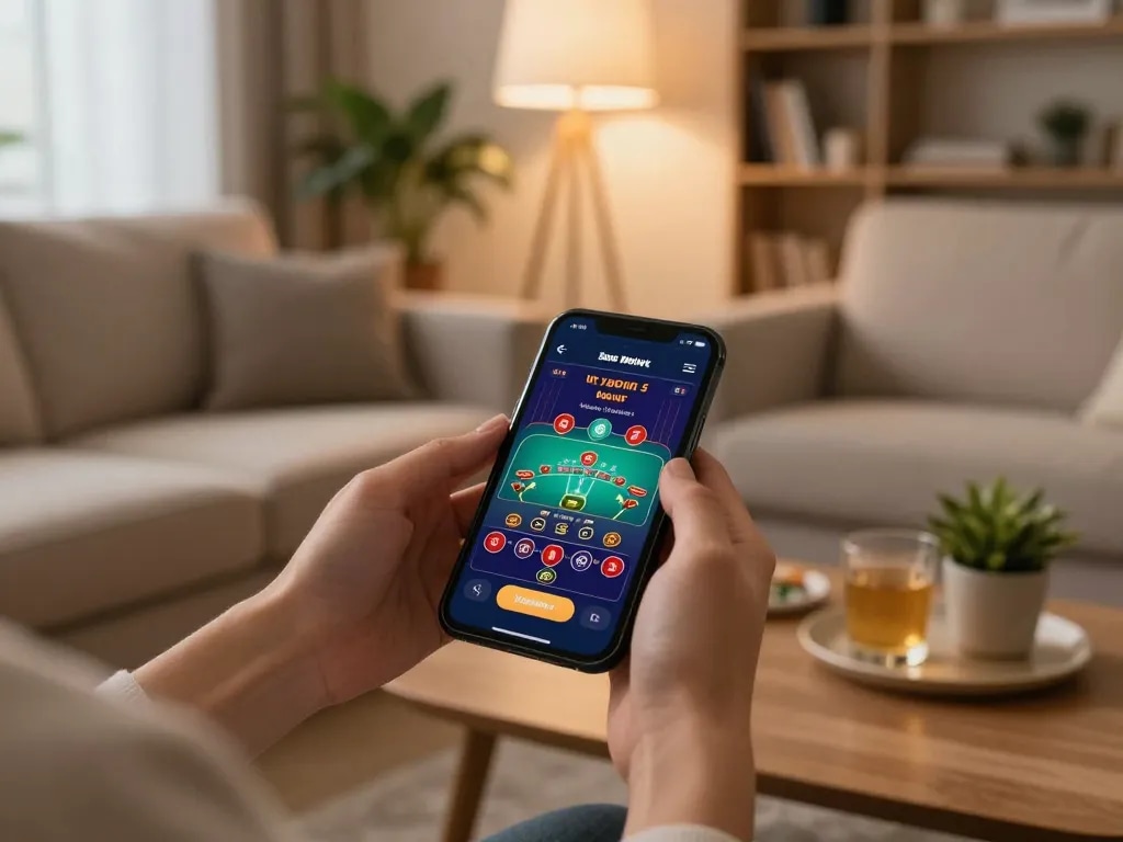sc88vn player enjoying a live blackjack game on a mobile app in a cozy home