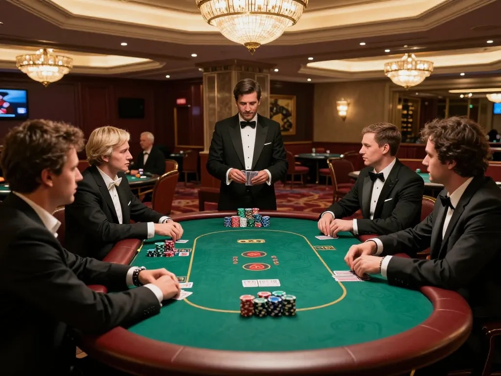 Pemain menikmati permainan poker dengan taruhan tinggi di kasino RANDOM88, merencanakan strategi dengan kartu dan chip.