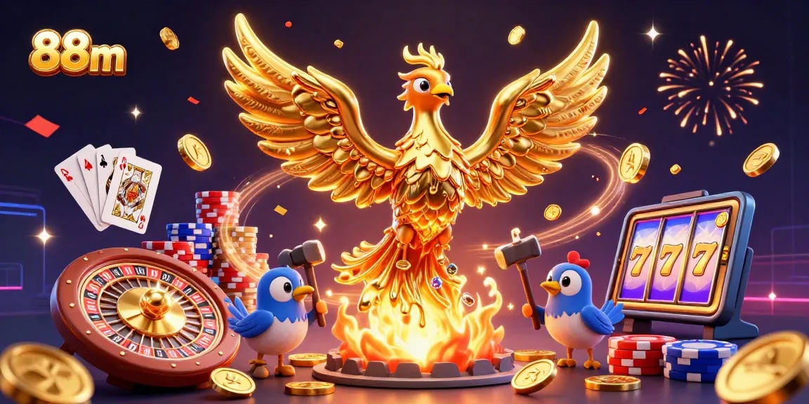 88m players winning big with a spectacular golden phoenix and casino elements in a vibrant scene.