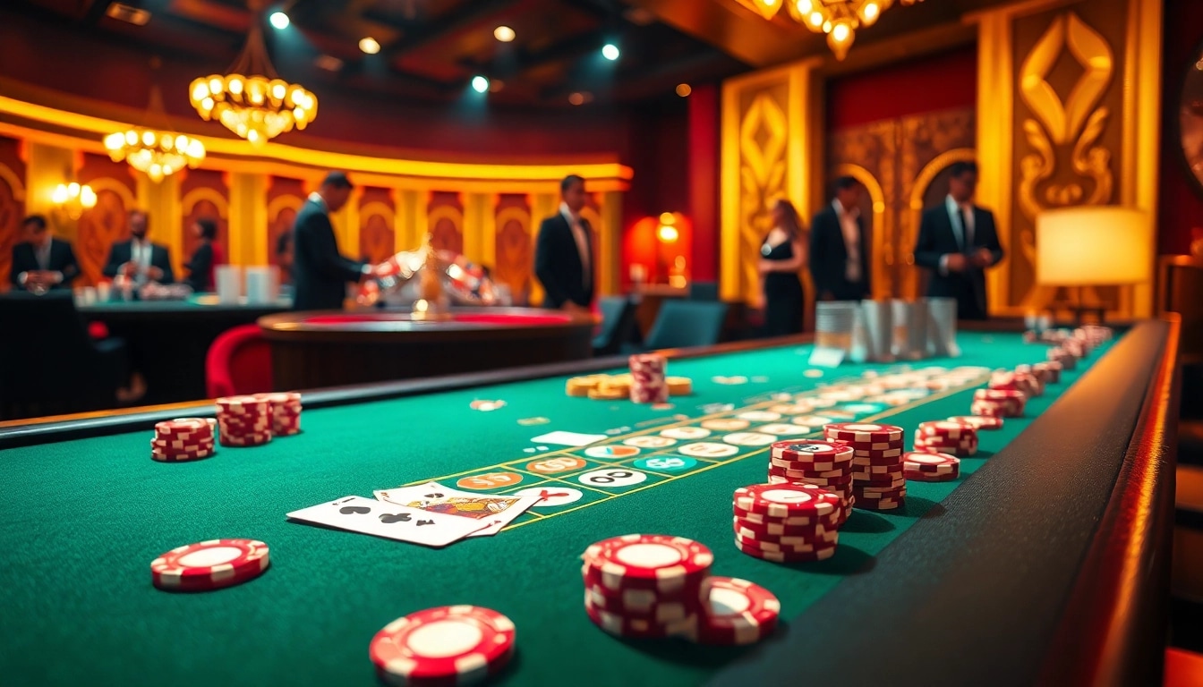 Players engaging with pg88 casino games on a luxurious gaming table filled with chips and cards.