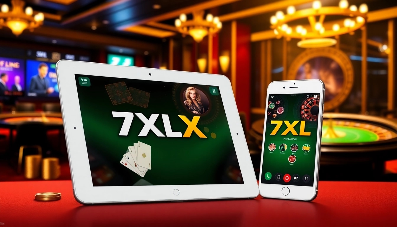 התחוו את ההתרגשות מהימורים עם אפליקציית 7xl להורדה שמוצגת על מכשירים אלגנטיים מול רקע קזינו יוקרתי.
