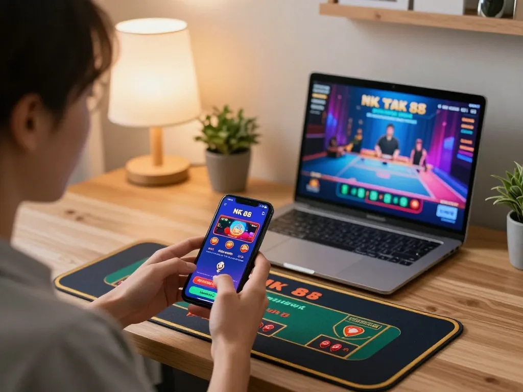 Engaging with NK 88 casino app on smartphone while enjoying a cozy gaming setup.