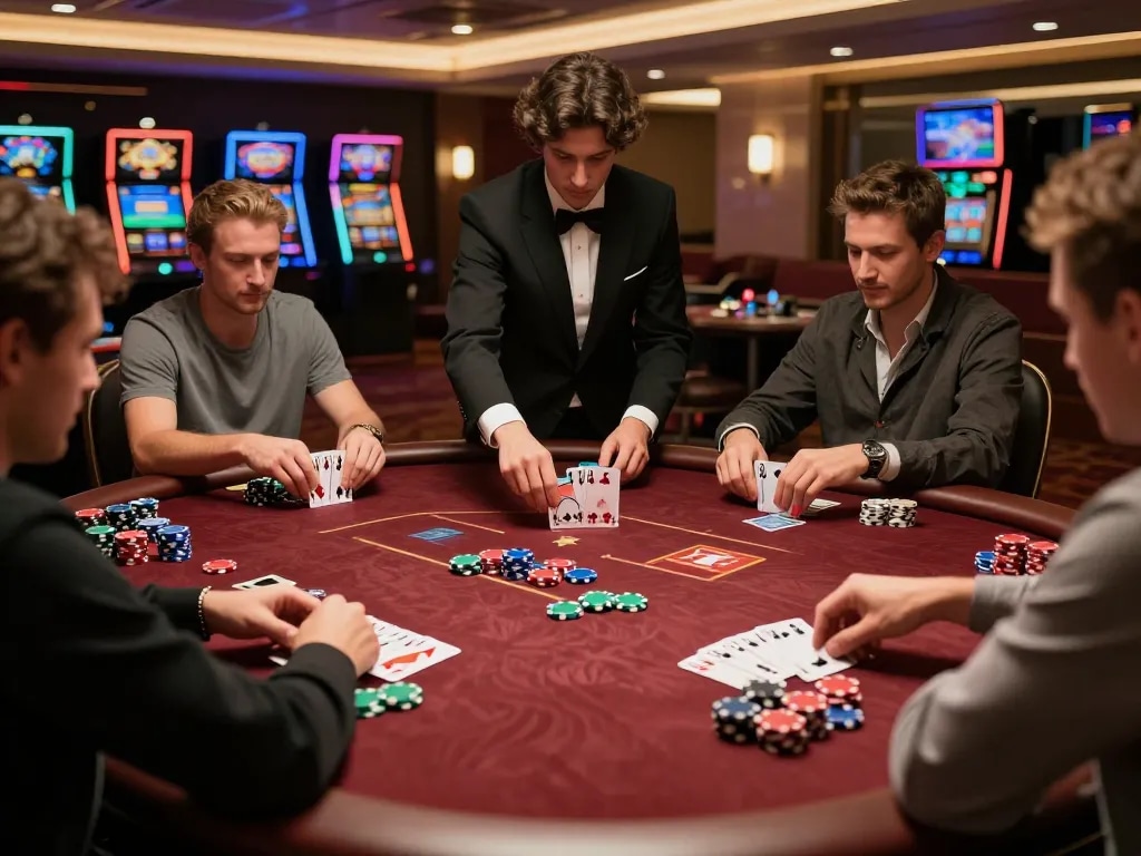fly88 poker table in action with players engaged in strategic gameplay and colorful chips.