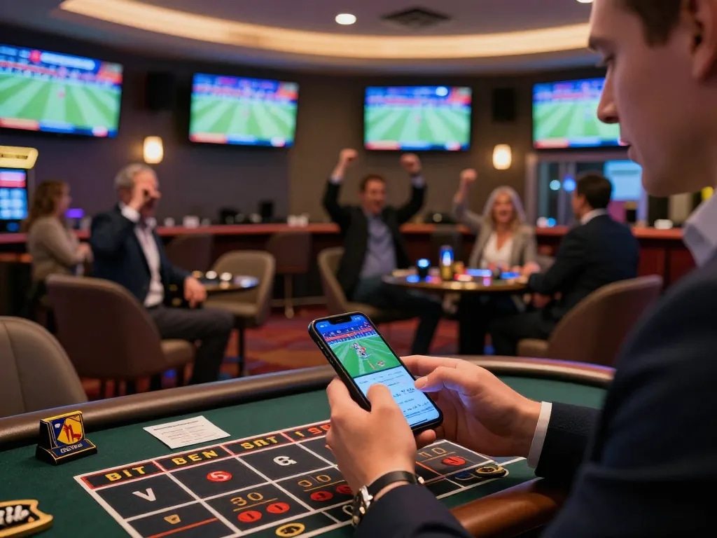 Excited gamblers placing bets on sports events at go8 immersive casino lounge