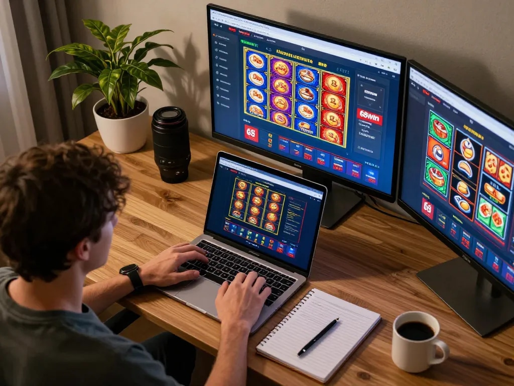Experience the thrill of online gaming with 68win platform on multi-screen setup at home