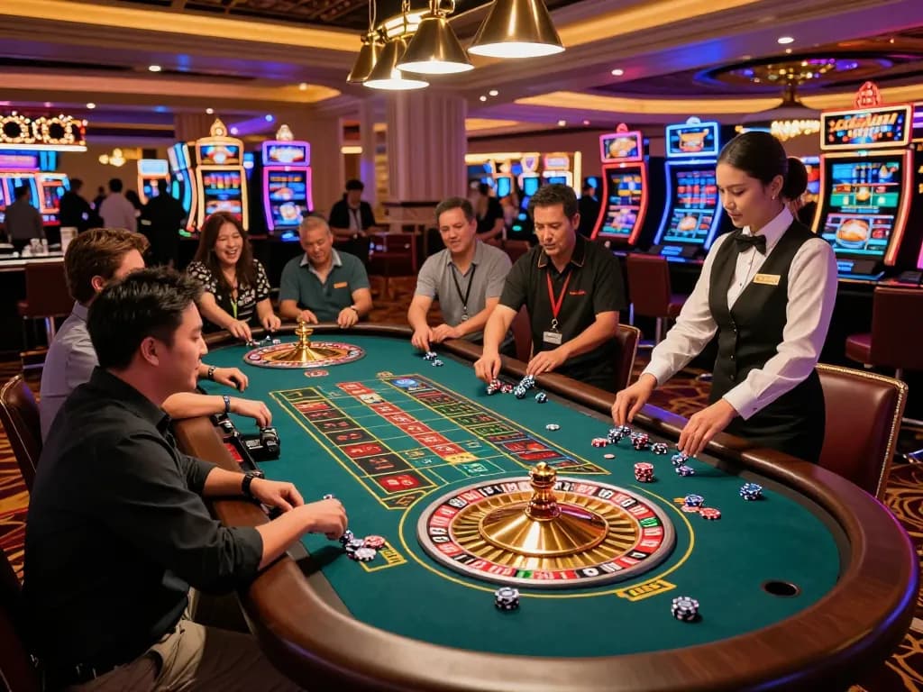 Players place bets at a roulette table in a lively Vegas casino with the excitement of 5679 thrilling wins.
