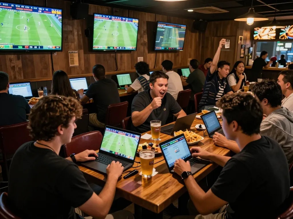 Excited patrons placing bets on kèo bóng đá hôm nay in a packed sports bar with multiple screens.