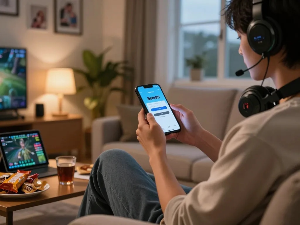 Bola88 Login interface displayed on smartphone in cozy living room, enhancing mobile gaming experience.