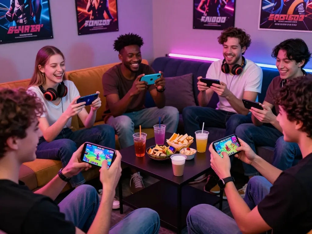 Players enjoying mobile porn games in a vibrant gaming lounge with lively interactions.