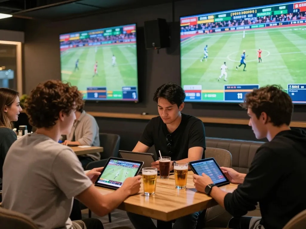 Friends engaging in sports betting at 33win lounge, excitement palpable with live games displayed.
