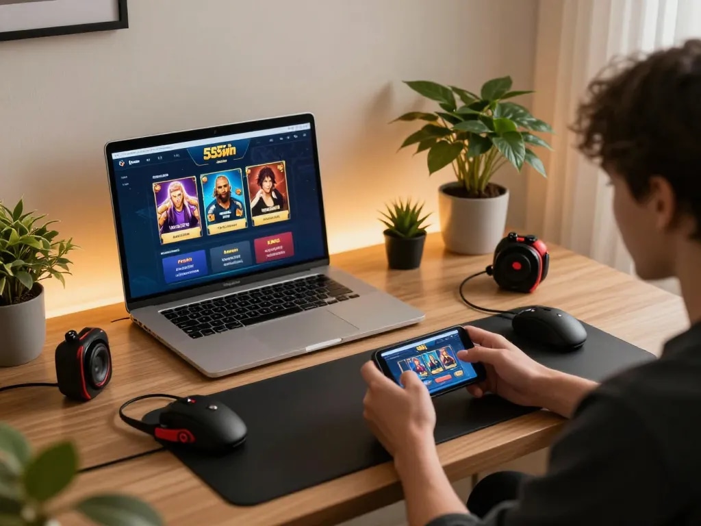 Experience online gaming with 555win on a smartphone in a stylish home setup.