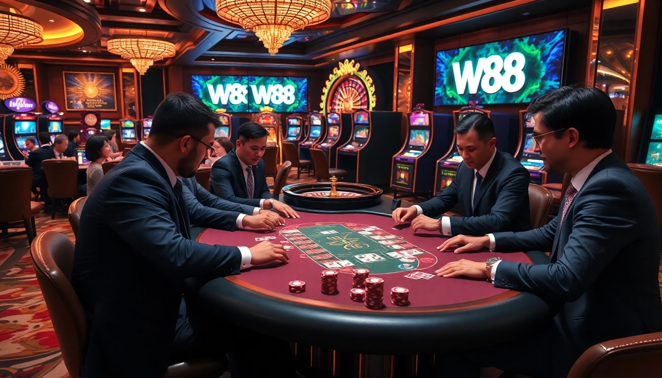W88 players enjoying an exciting poker game in a luxurious casino setting with vibrant colors.