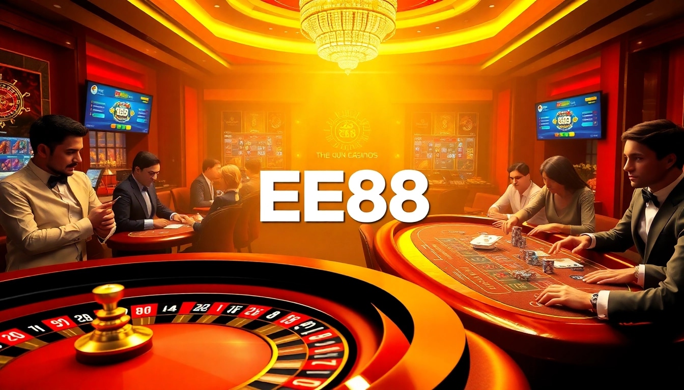 EE88 gamblers enjoying a lively online casino experience with roulette and poker tables.