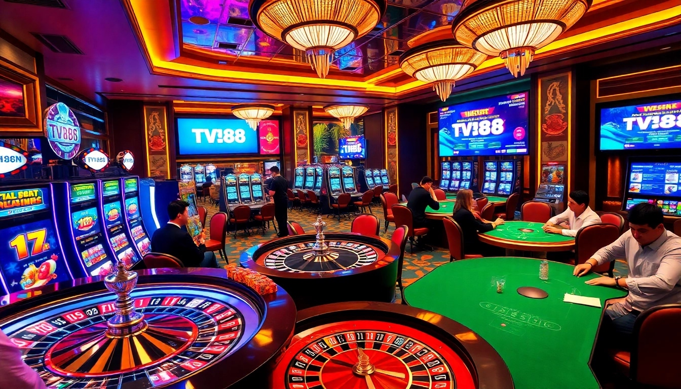 Experience the thrill of gambling at TV88 casino with vibrant slot machines and poker tables.