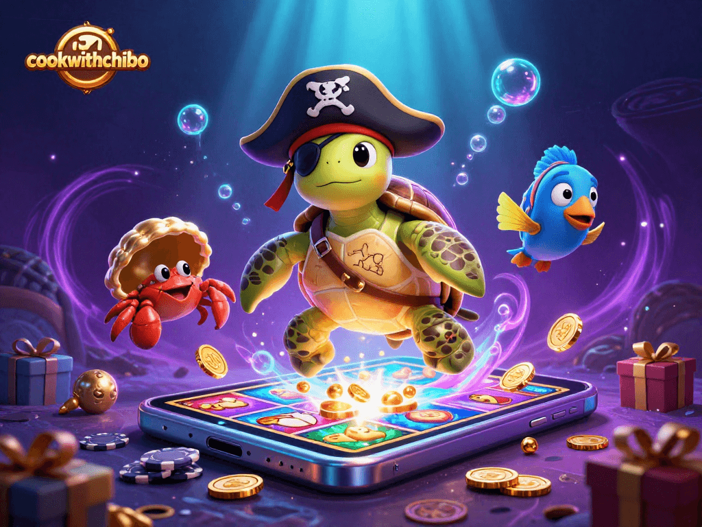 Play slots with cookwithchibo's vibrant characters, surrounded by gold coins and casino elements.