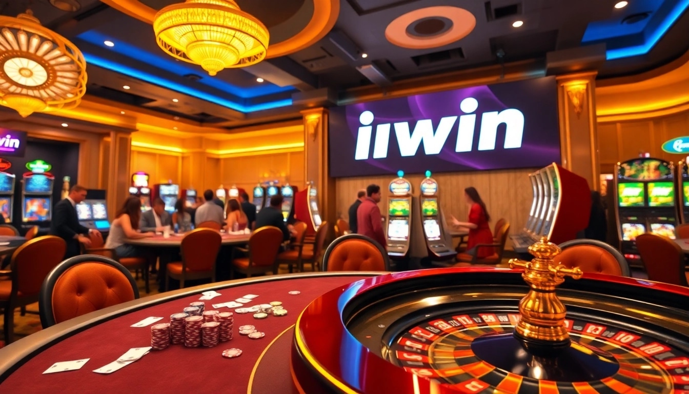 Iwin online players enjoy a thrilling experience at a luxurious casino with vibrant poker games.