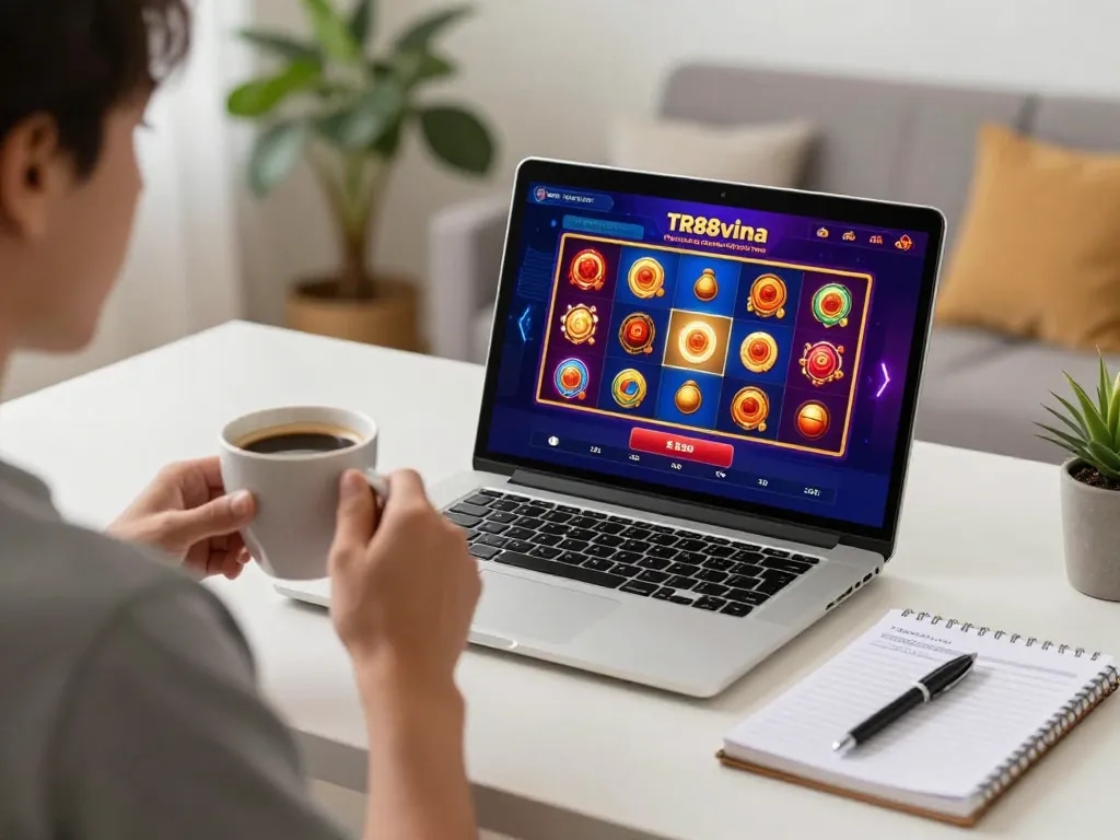 Playing slot games on TR88vina platform while keeping track of bankroll management.