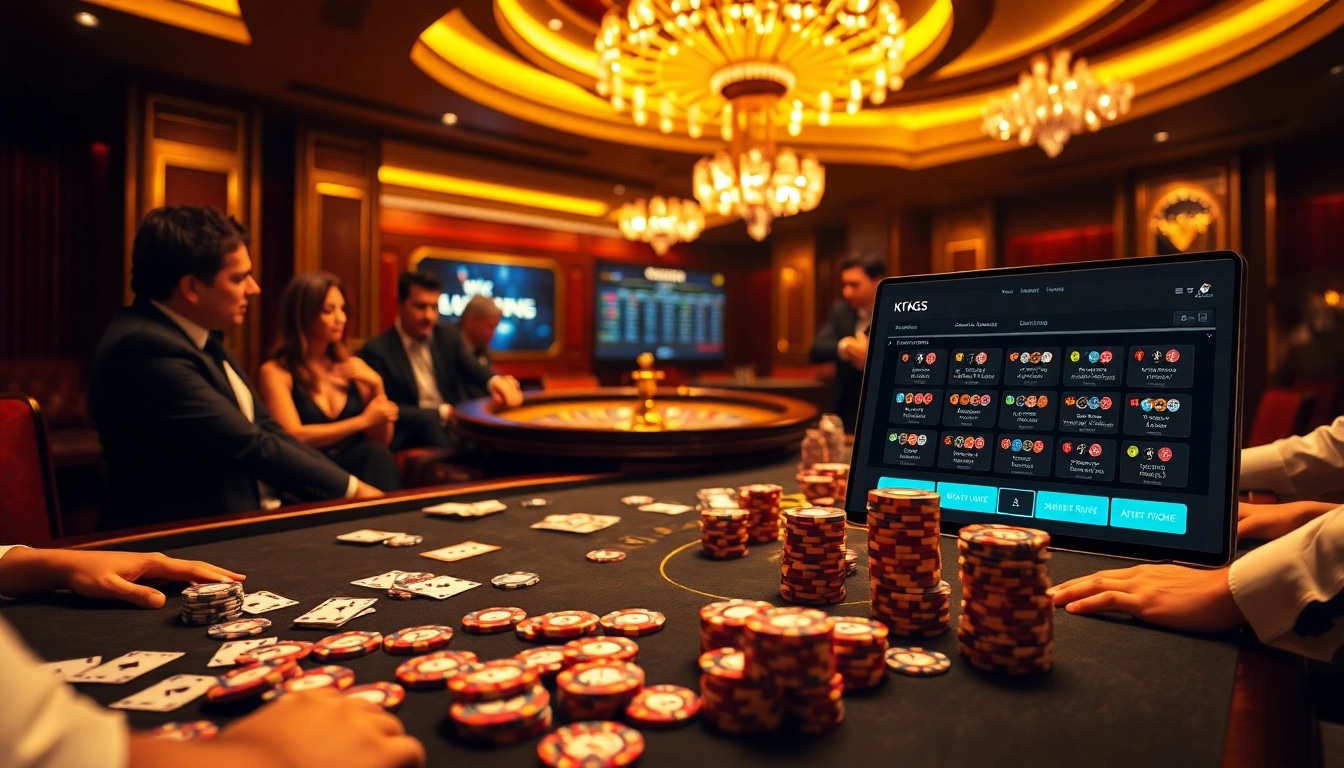 KJC players engaging in an exciting poker game with lavish casino decor.