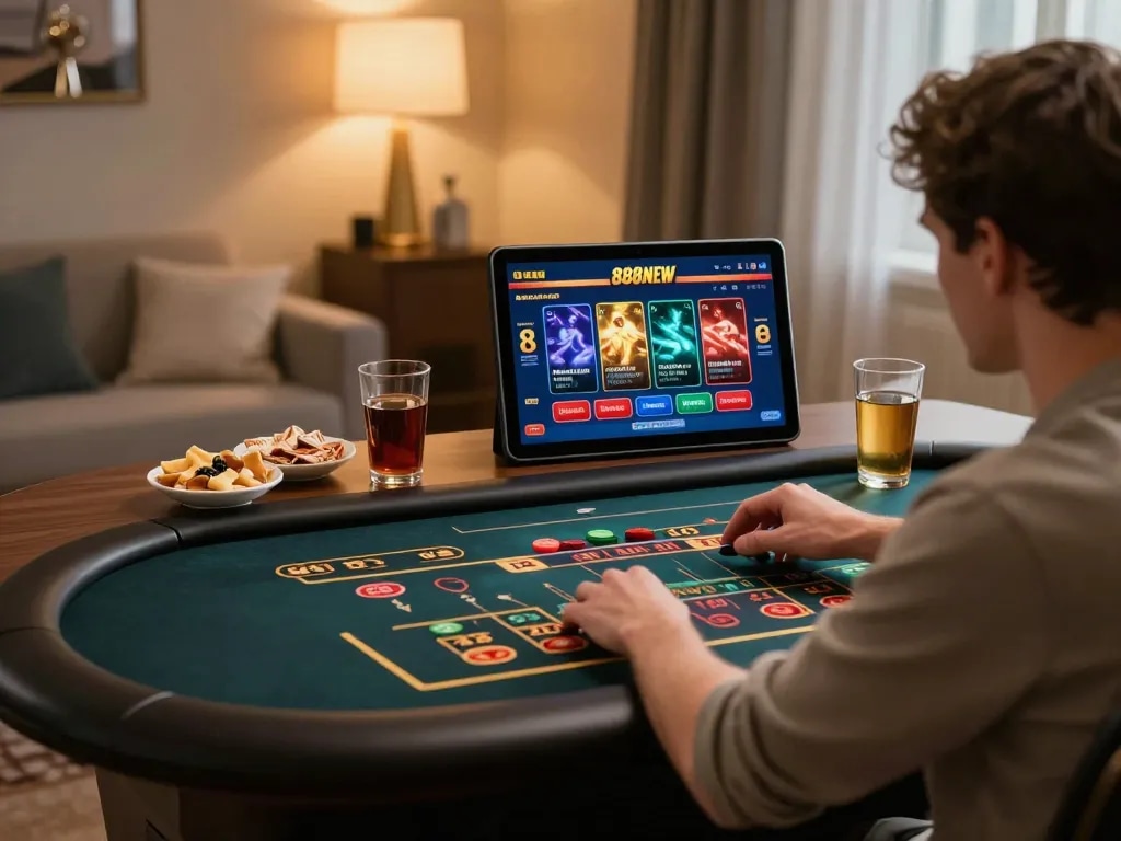 Engaging with 888NEW gaming interface on a tablet in a cozy home setting