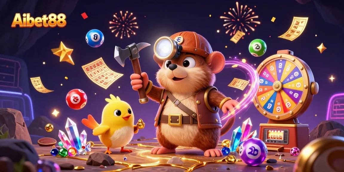 Win big with Aibet88 in a vibrant casino adventure featuring treasure, lottery balls, and prizes!