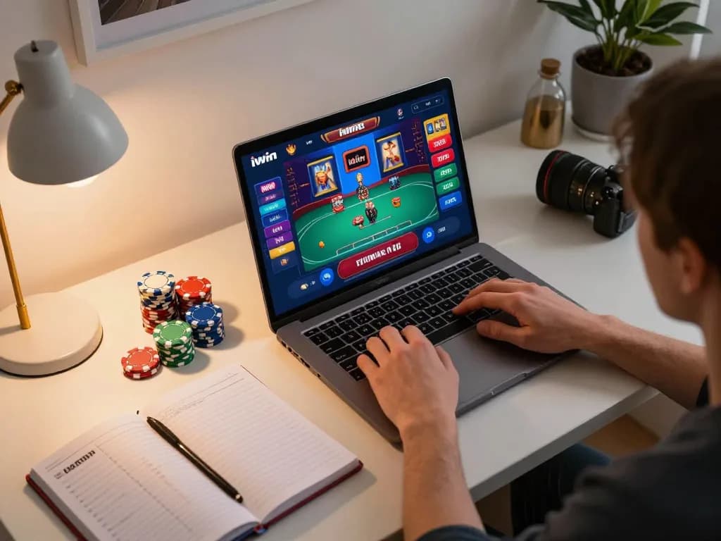 Engaging gameplay on iwin net with poker chips and vibrant app interface in a cozy home office