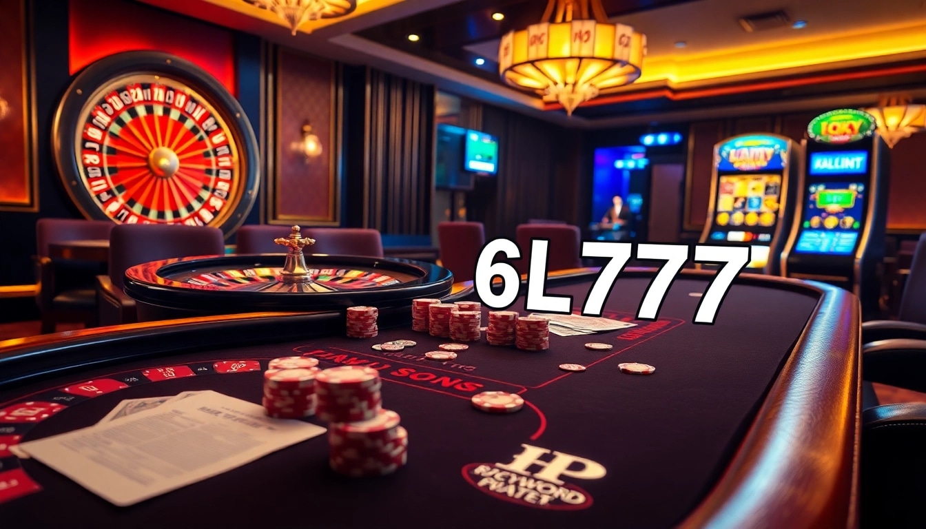 The excitement of 6L777 showcased with a luxurious casino scene featuring poker chips, cards, and a roulette wheel.