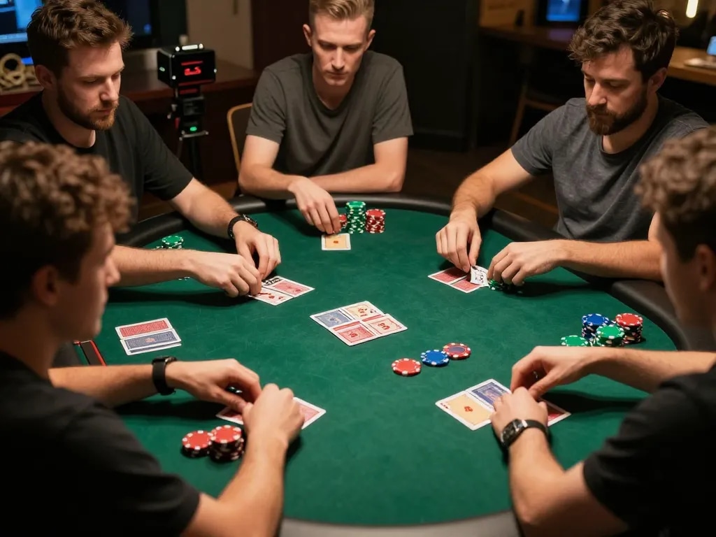 Players engaging in a friendly poker game at home, showcasing the social aspects of gambling at Qh88 com.