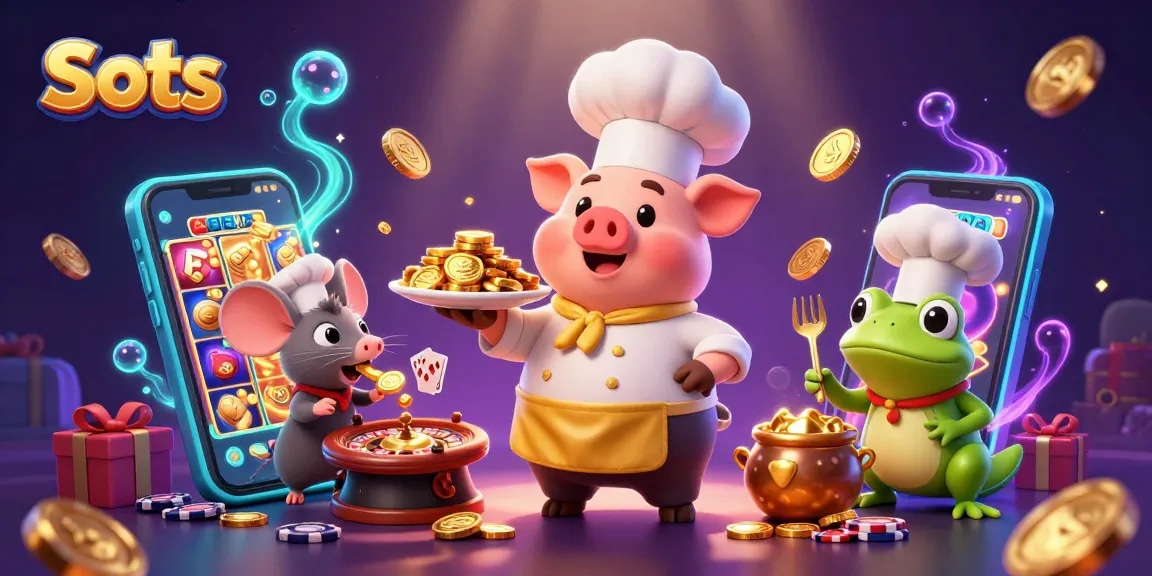 Win big with Slots featuring a chef pig, tasting mouse, and critiquing frog on a rich casino backdrop.