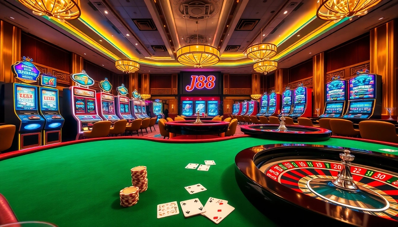 Experience thrilling j88 gaming action with vibrant slot machines and elegant tables.