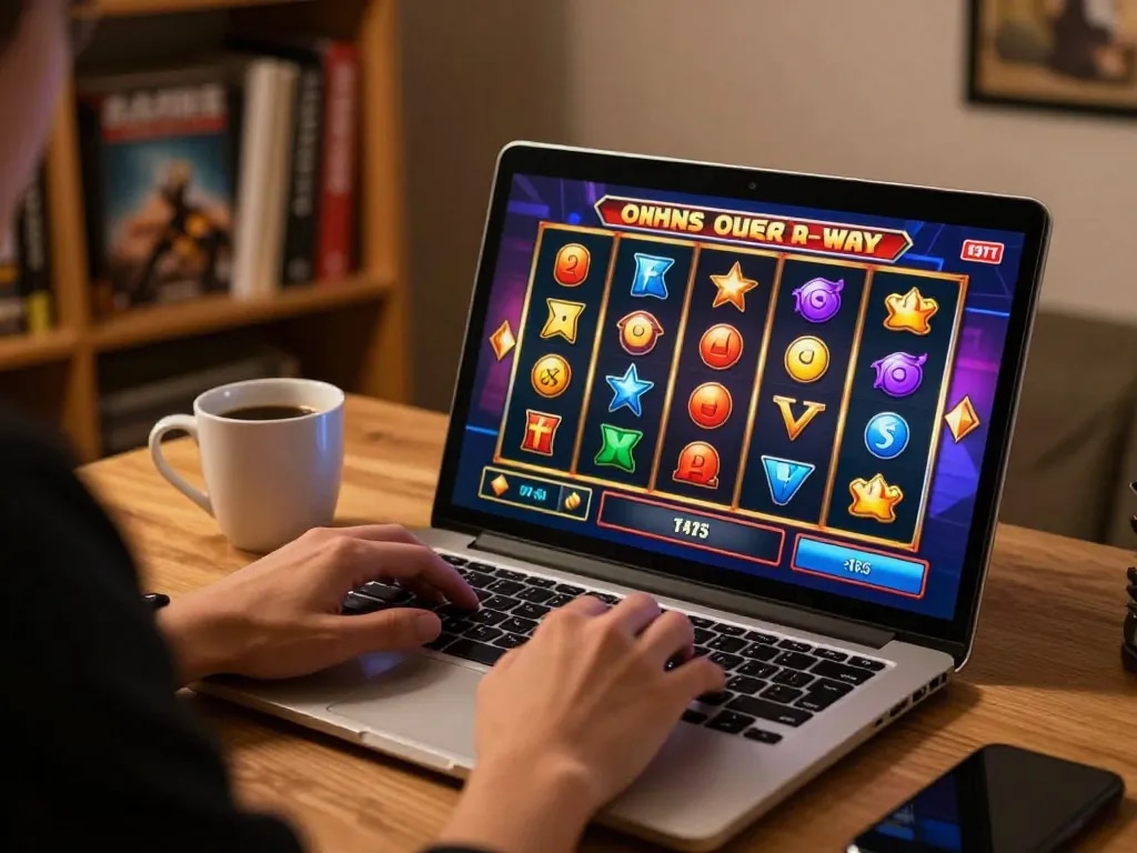 Engaged player spinning reels in slot online gaming from a cozy home workspace.