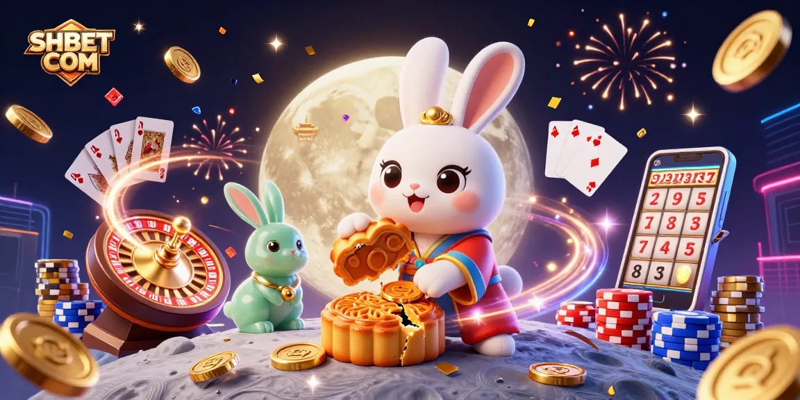 Join the excitement with SHBET COM as the moon rabbit spins poker chips among golden coins in a lively online casino setting.