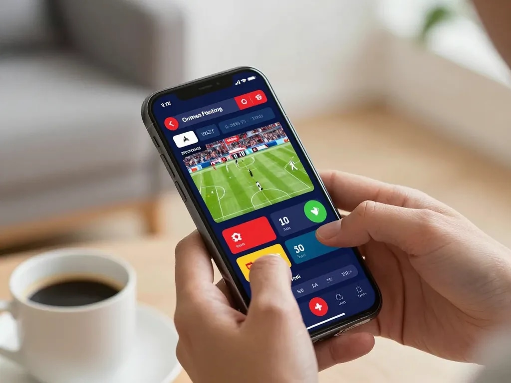 SIN88 user engaging in live football betting on smartphone, showcasing strategic mobile gambling environment.