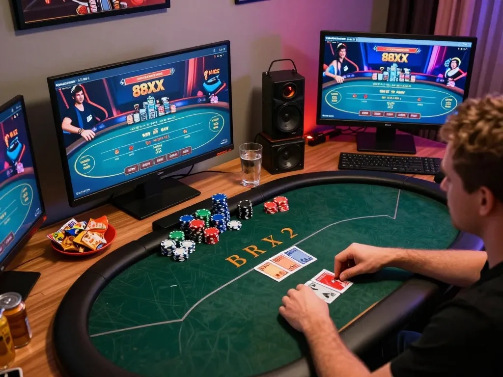 Engaging moment of a player enjoying online poker at 88xx, modern setup with casino interface.