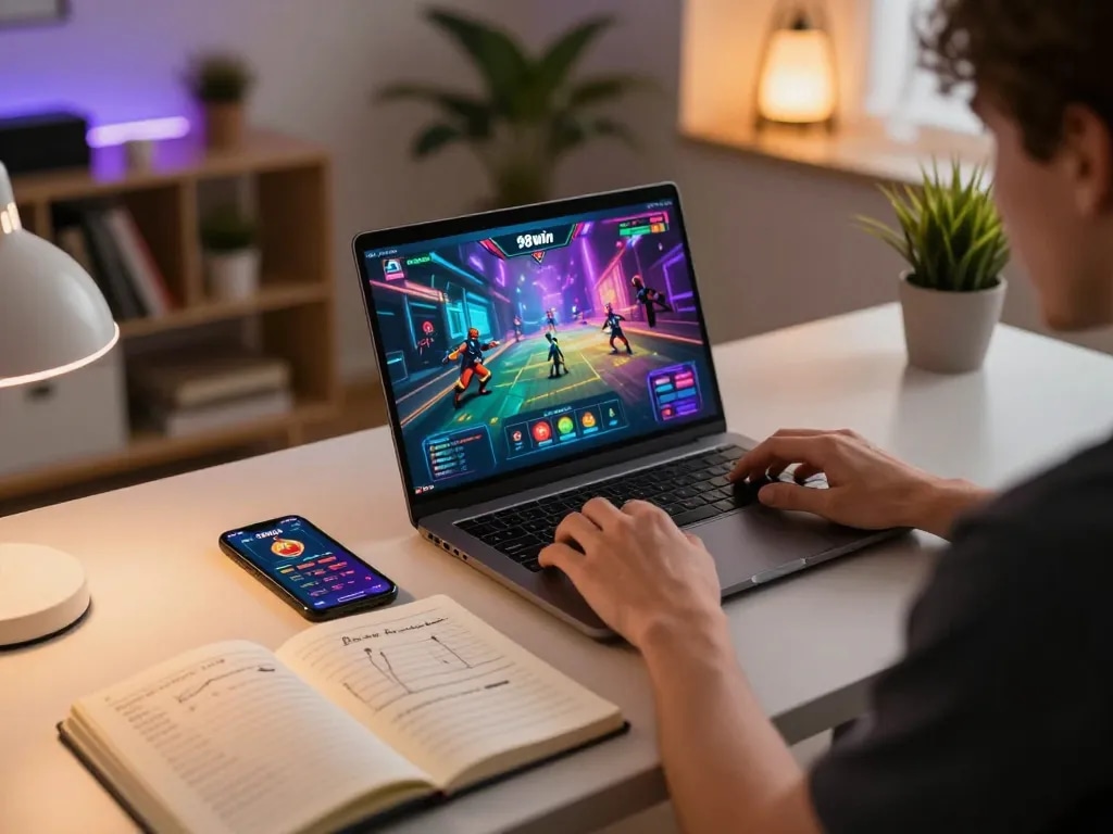 Engaging gameplay in the game 98win on a laptop, highlighting online gambling strategy and atmosphere.