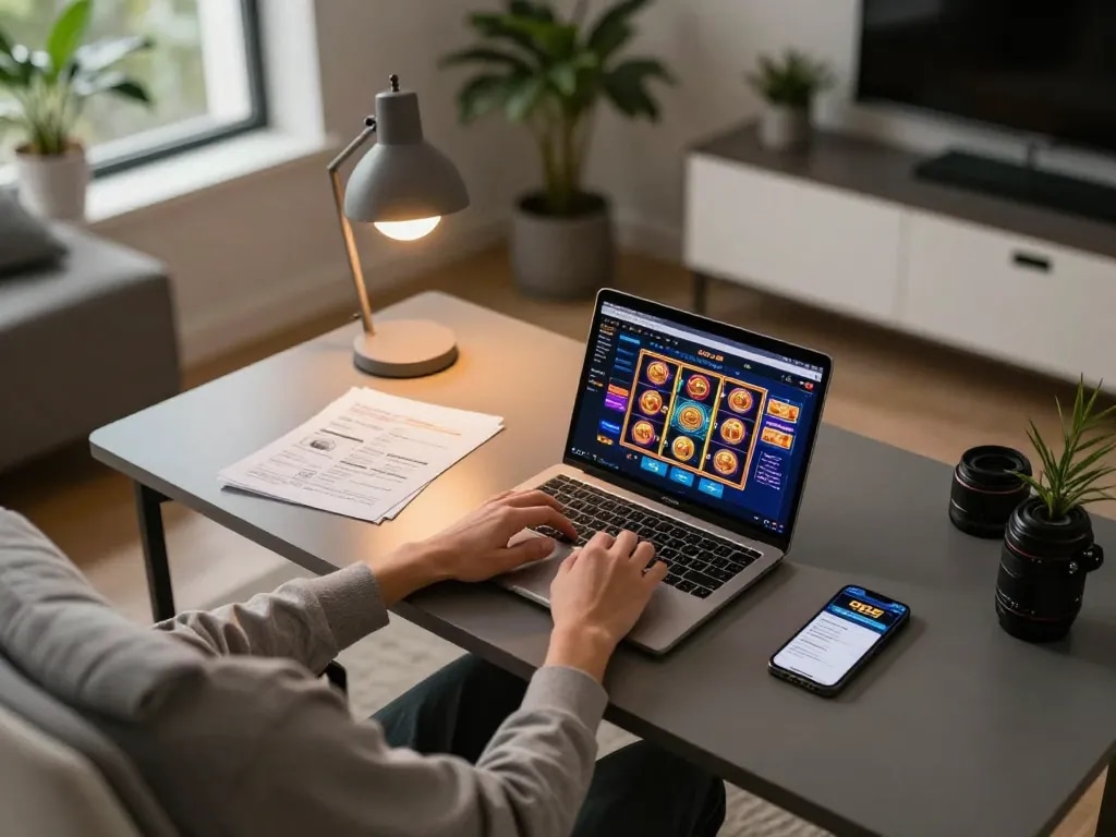 Player engaging with the QE8 online casino interface on a laptop in a modern home office setting.