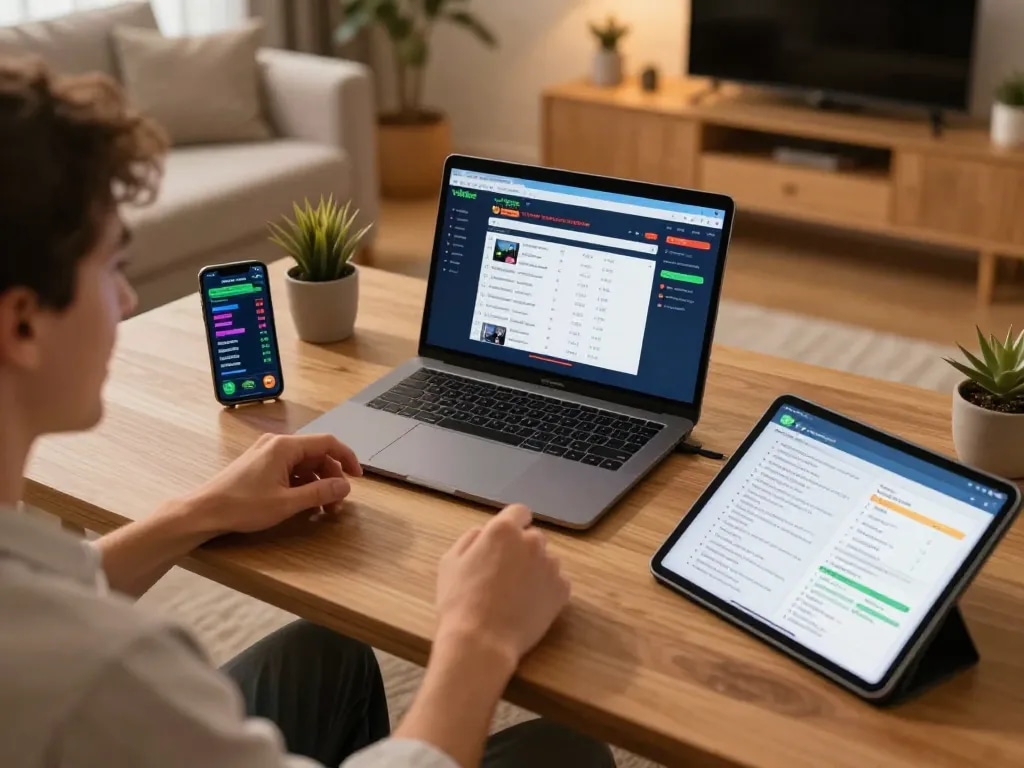 Engaging with vsbet online sports betting setup at home with gaming devices and strategy notes.