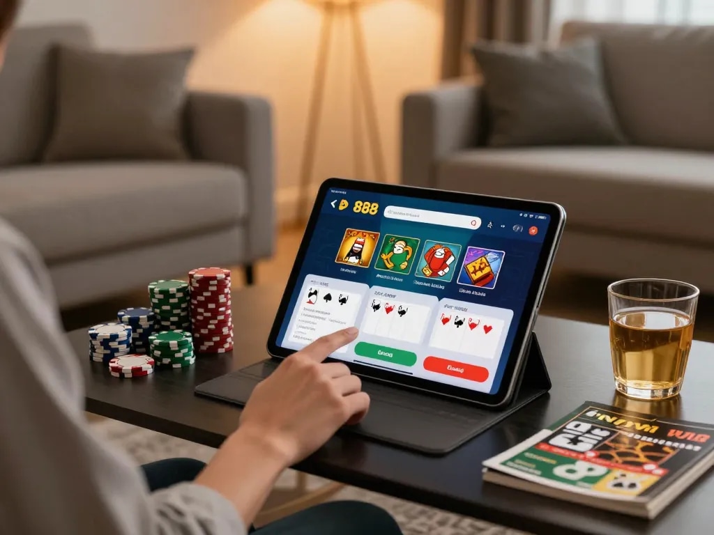 Engaging with the 888 VI mobile app for responsible online gaming in a cozy home setting.